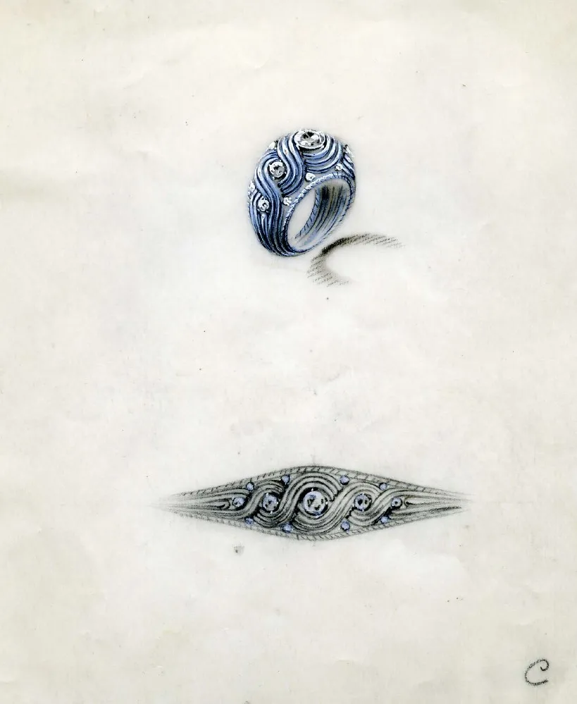 Un dessin de bague à la gouache, sur papier calque